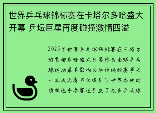 世界乒乓球锦标赛在卡塔尔多哈盛大开幕 乒坛巨星再度碰撞激情四溢