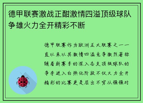 德甲联赛激战正酣激情四溢顶级球队争雄火力全开精彩不断